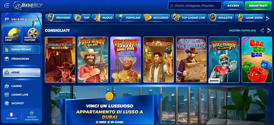 BassBet Casino Italia – schermata principale con slot, live casino e giochi popolari